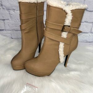 Women's Tan High Heel Boots with Fur Lining